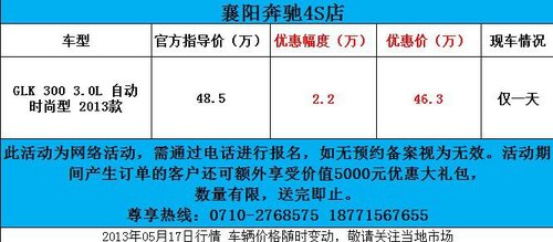 襄阳奔驰GLK现惠2.2万 仅一台仅限网销