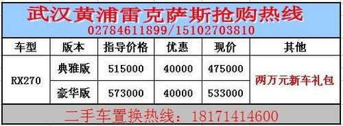 汉阳雷克萨斯进口RX270 综合优惠6万