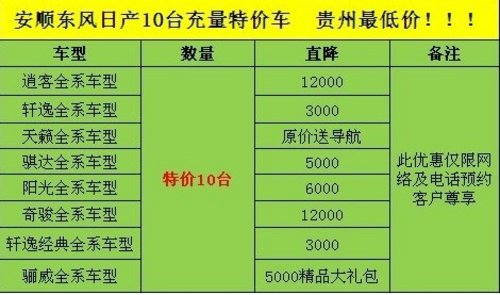安顺东风日产10台充量特价车贵州最低价