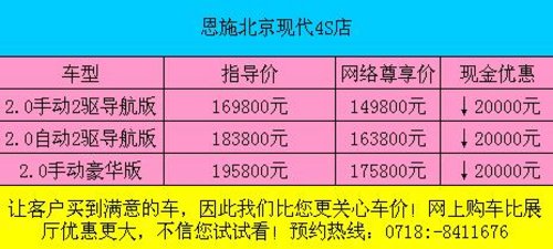 恩施北京现代 新途胜综合优惠40000元