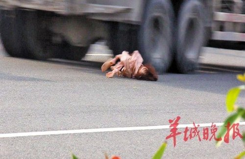 充气娃娃躺路上吓坏路人 司机观望引车祸