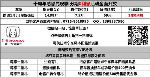 咸宁本田杰德日供69元0利息贷回家