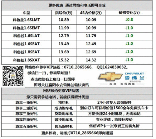 襄阳雪佛兰科鲁兹日供57元起