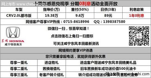 日供仅89元咸宁本田CRV0利息贷回家