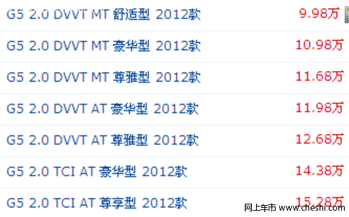 新款瑞麒g5 全部车型及报价